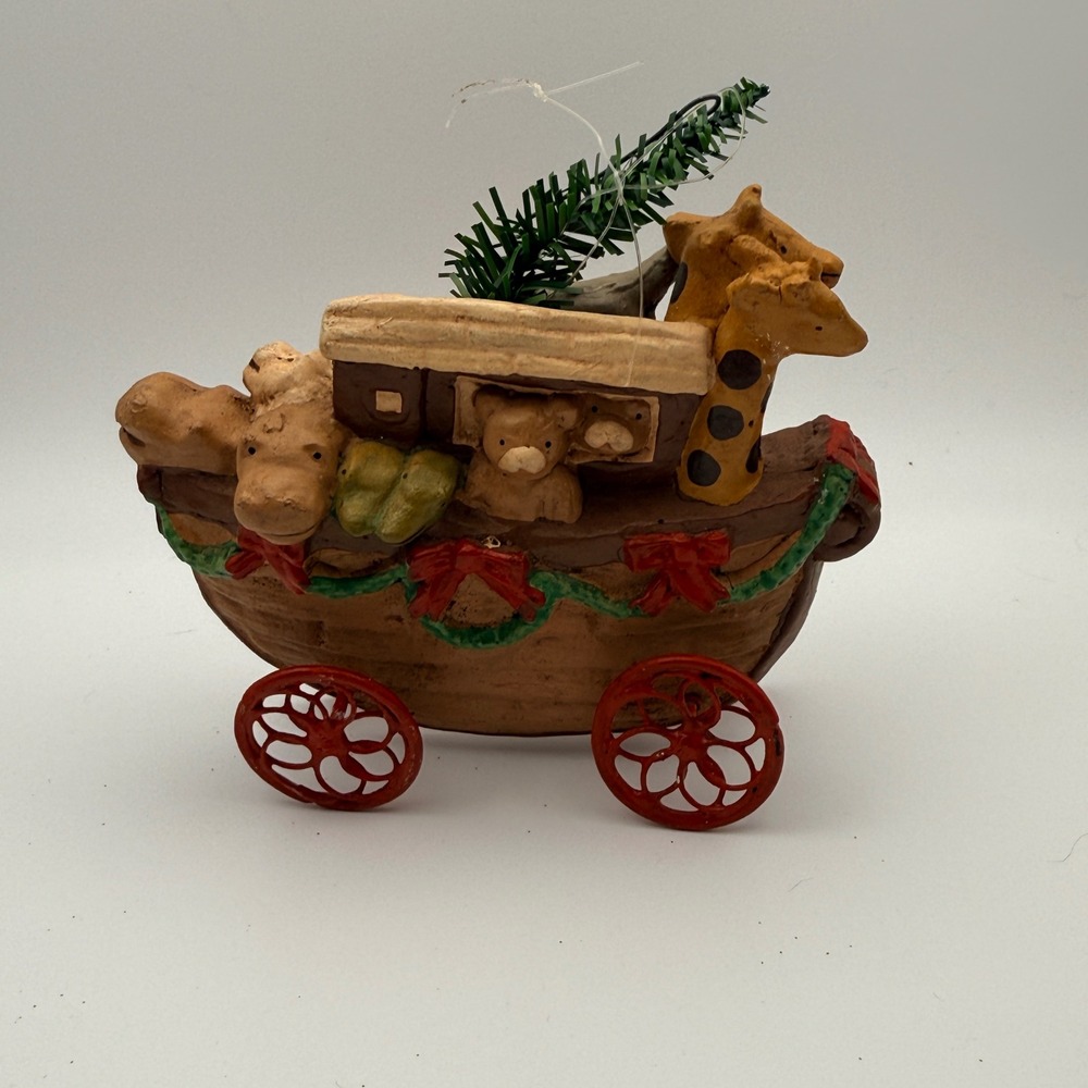 Noah's Ark Christmas Ornament Resin Animals Giraffe Elephant Red Wheels 4.5"